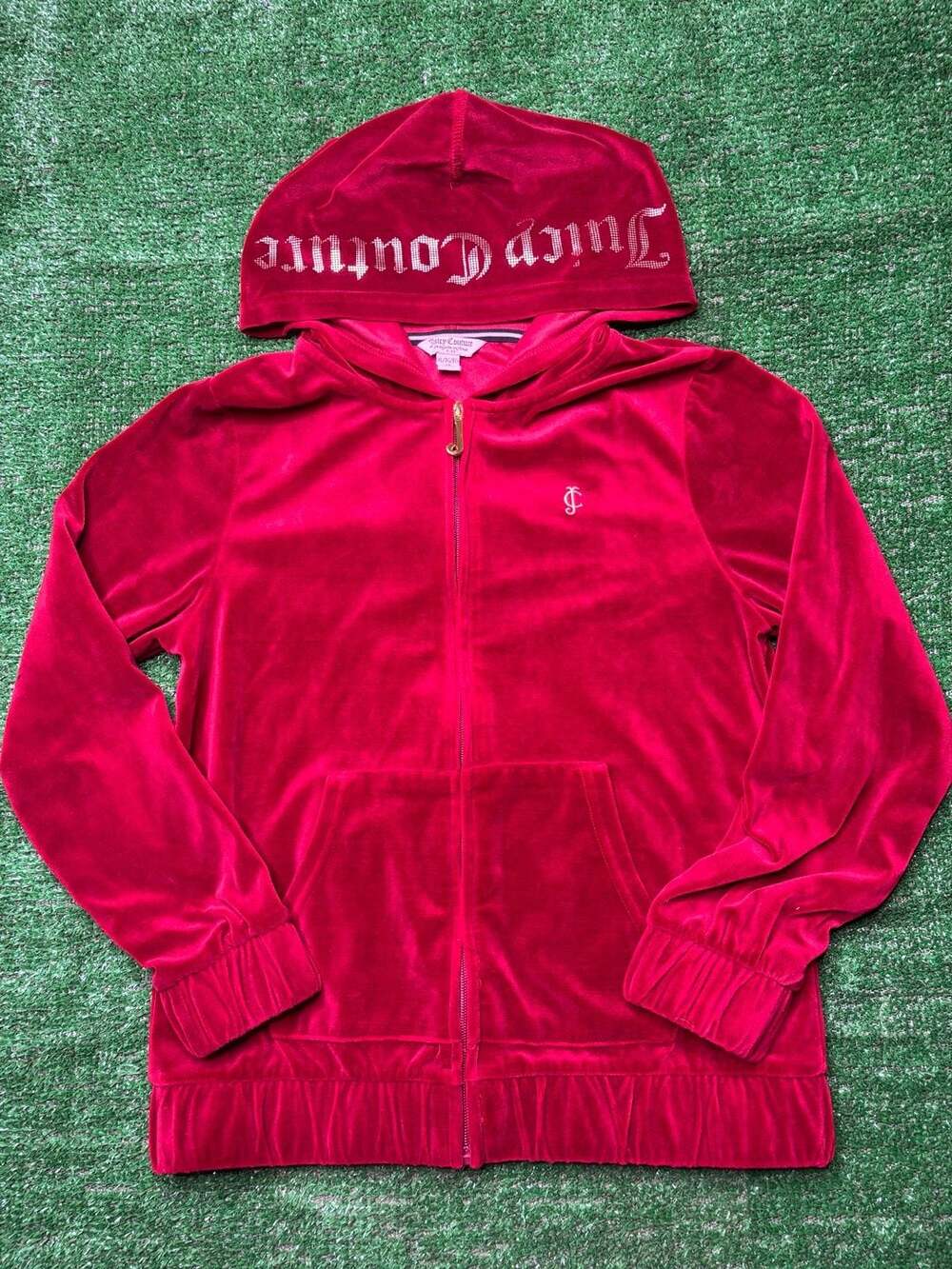 Juicy Couture Kids Red Velour Full Zip Hoodie Rhinestone Logo Size XL 16